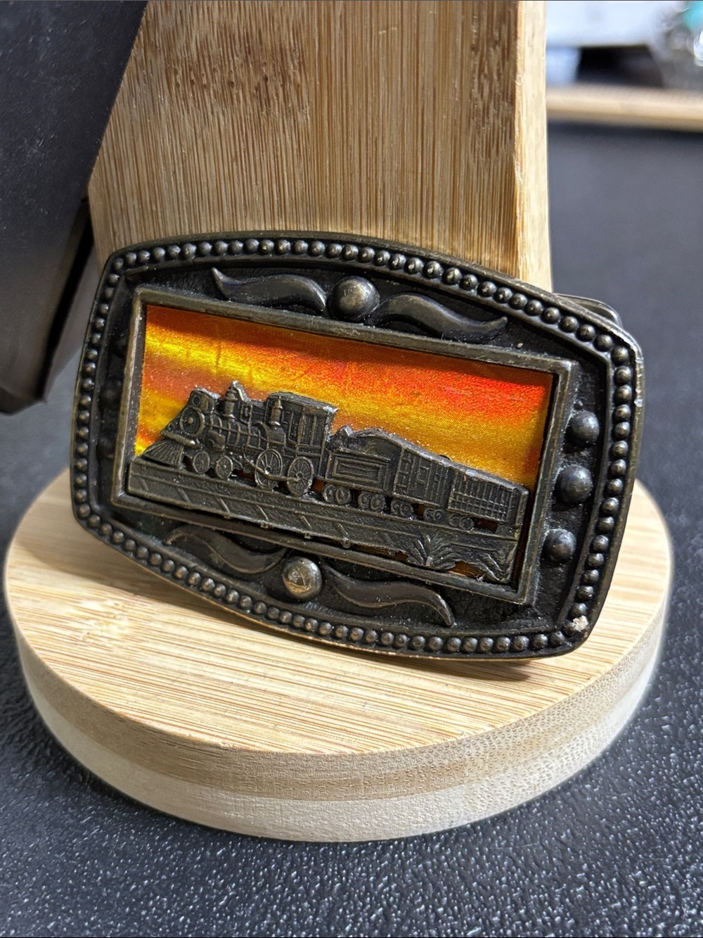 Train Railroad Belt Buckle Orange Brass Cii New York Vintage - DEBLOT